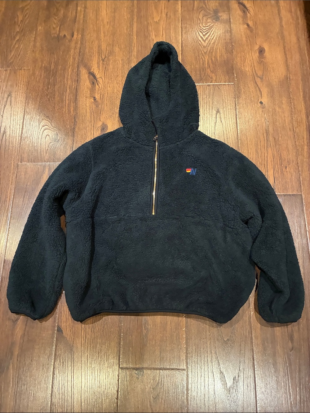 Aviator Nation Navy Blue Sherpa Zip Hoodie with Subtle Multicolor Logo